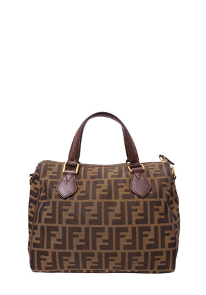 Authentic Fendi Zucca canvas Boston bag with brown leather trim and gold-tone hardware.