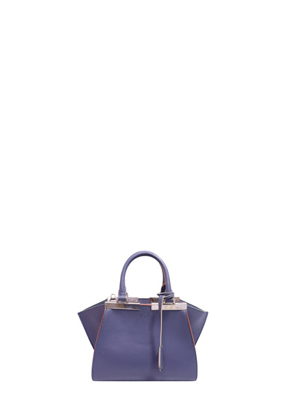 Fendi Petite 3Jours blue leather mini satchel bag with silver-tone hardware, orange contrast edging, dual top handles, and a detachable shoulder strap.