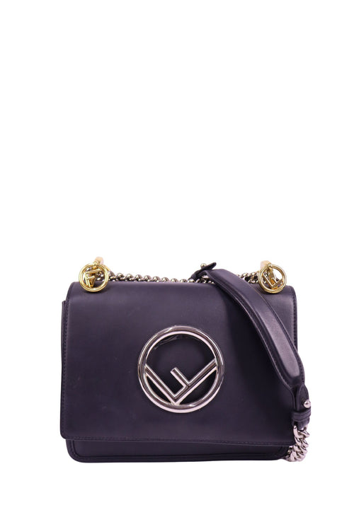 Fendi Kan I small black leather shoulder bag with signature circular logo and chain strap