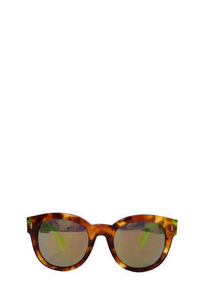 Authentic Fendi tortoiseshell acetate sunglasses with neon green temples and dark grey tinted lenses.