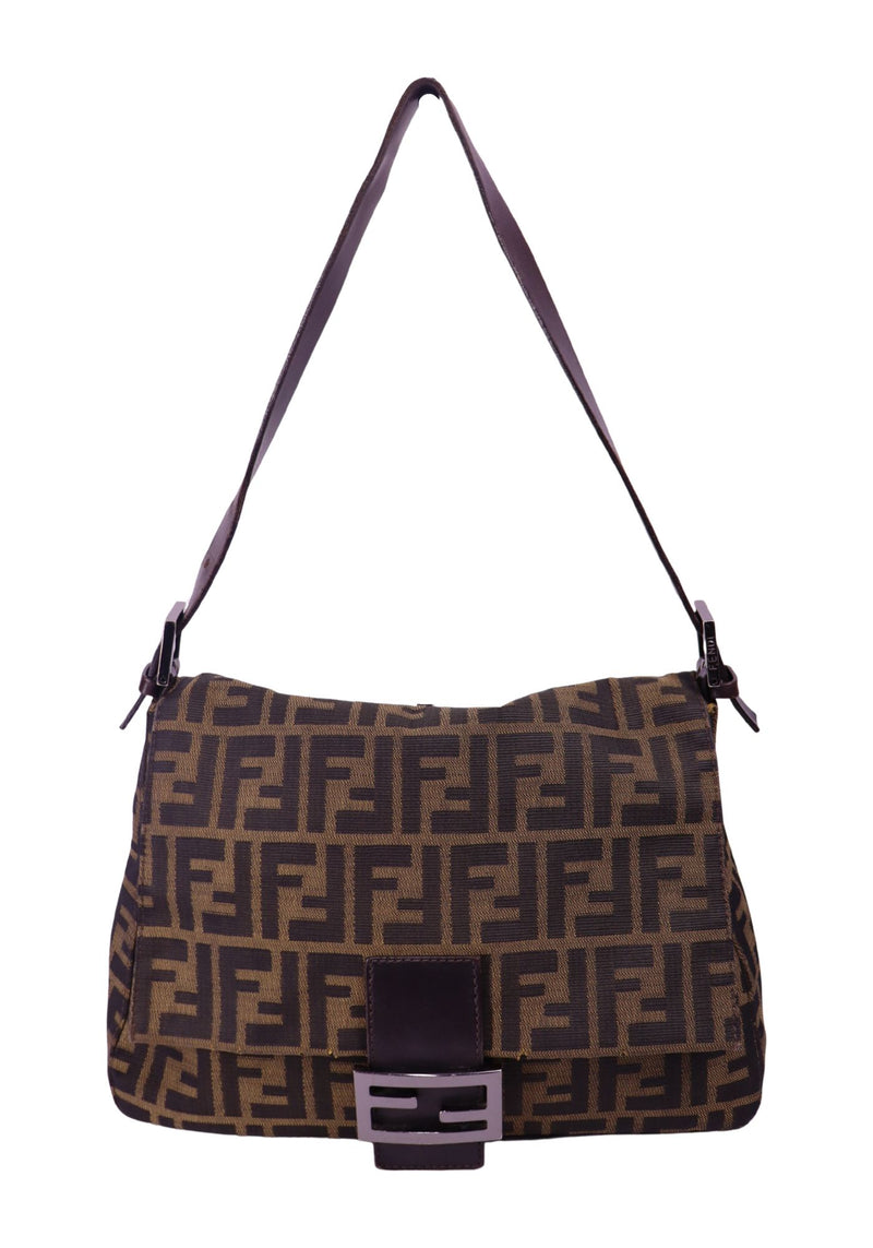 Fendi brown Zucca monogram canvas shoulder bag with dark brown leather trim, adjustable strap, and silver-tone FF logo front clasp closure