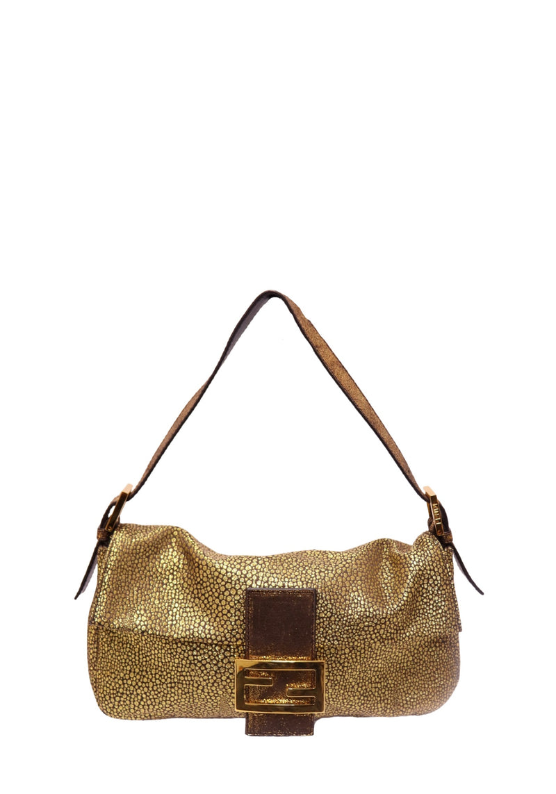 Fendi metallic gold Baguette shoulder bag with signature FF buckle