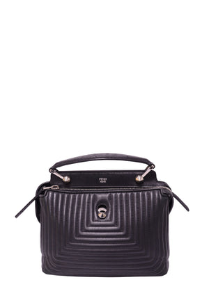 Fendi black quilted leather Dotcom Click top handle handbag featuring concentric rectangular stitching, silver-tone conical stud hardware, a leather top handle, Fendi Roma logo and top zipper closure
