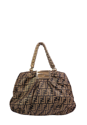 Fendi Mama Forever hobo bag in metallic gold and brown FF Zucca canvas featuring the iconic all-over monogram pattern, braided chain shoulder strap, slouchy silhouette, and spacious interior