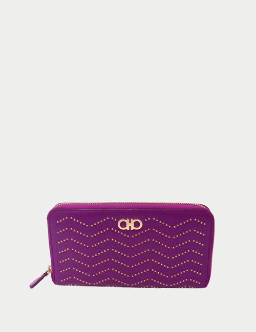 Salvatore Ferragamo purple zip-around wallet featuring gold-tone Gancini logo and chevron studded detailing