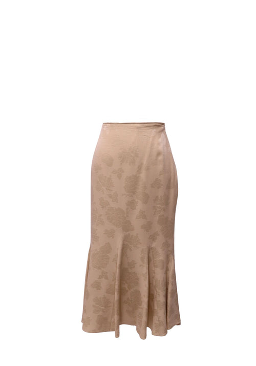 Christian Dior champagne beige high-waisted midi skirt featuring tonal rose floral jacquard detailing, a fitted hip silhouette and elegant flared mermaid-style hem