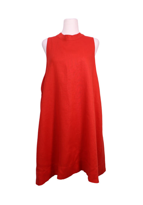 Forever New red sleeveless A-line midi dress with a high neckline and flowing relaxed silhouette