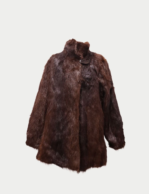 Vintage brown fur coat with high collar and leather clasp closure
