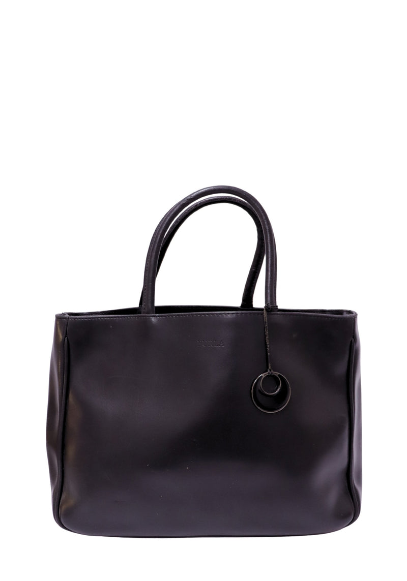 Furla black leather tote bag with dual rolled handles, coordinating leather charm, and minimalist design.