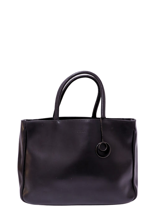 Furla black leather tote bag with dual rolled handles, coordinating leather charm, and minimalist design.