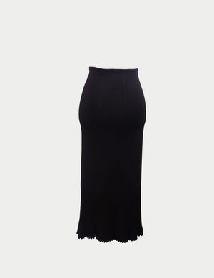 Galvan London black knit maxi skirt with high waist, bodycon fit, and pleated hem detail