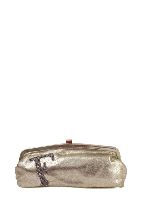 Gianfranco Ferré gold metallic clutch with crystal logo detail
