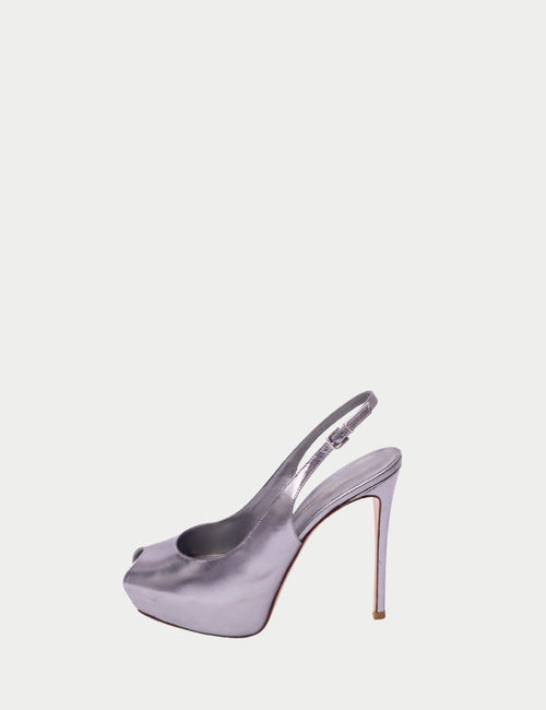 Gianvito Rossi metallic silver slingback platform heels with peep toe and stiletto heel