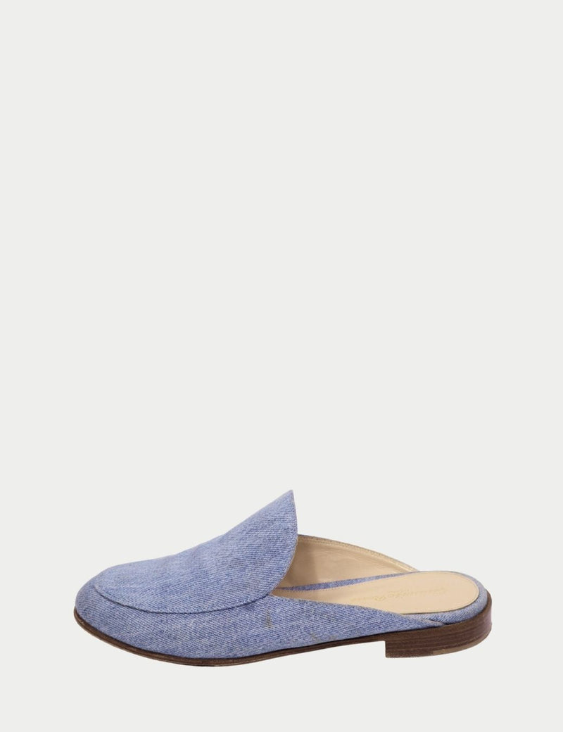 Gianvito Rossi light blue denim backless loafer mule with almond toe and low stacked heel