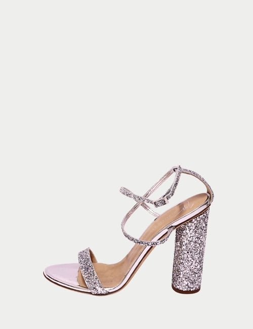 Giuseppe Zanotti silver glitter block heel sandals with ankle strap