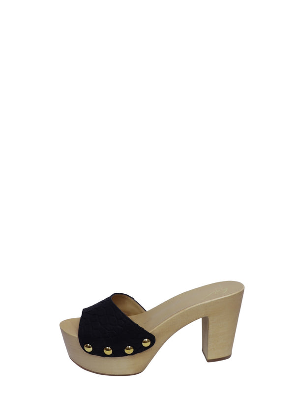 Giuseppe Zanotti black embossed leather platform mule heels with gold-tone stud accents and natural wood block heel