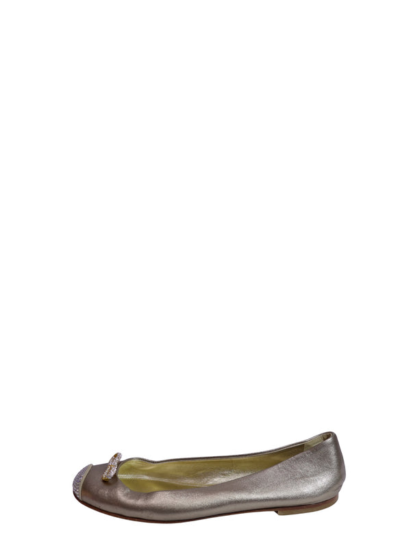 Giuseppe Zanotti metallic bronze leather ballet flats with crystal-embellished cap toe, decorative crystal bow detail, almond toe, and flat leather sole