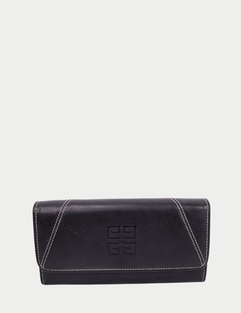 Givenchy black leather long wallet with embossed logo, flap closure, and contrast stitching