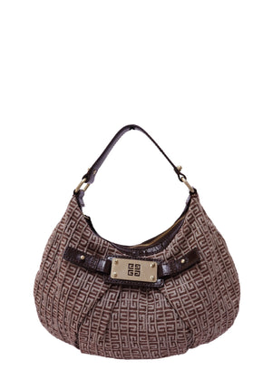 Authentic Givenchy G Cube monogram jacquard hobo bag with brown leather trim and gold-tone logo hardware.
