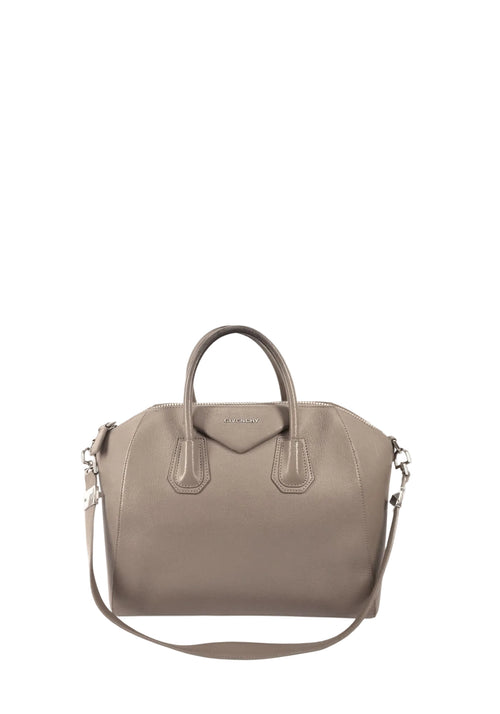 Givenchy Antigona large handbag in taupe grained leather with structured silhouette, dual top handles, detachable shoulder strap, and silver-tone hardware