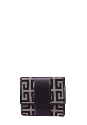 Givenchy compact wallet in beige and black 4G monogram canvas with black leather trim and wrap-around leather strap.