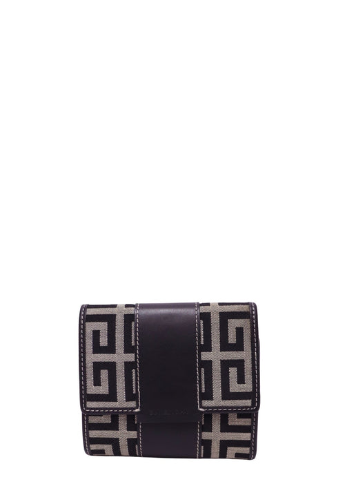 Givenchy compact wallet in beige and black 4G monogram canvas with black leather trim and wrap-around leather strap.