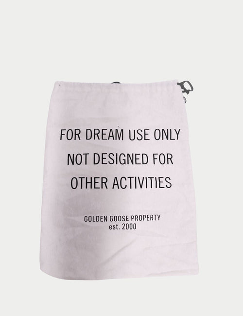 Golden Goose white dust bag with “For Dream Use Only” slogan