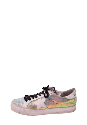 Authentic Golden Goose Superstar white leather sneakers with iridescent metallic panels, signature star detail, black laces, and distressed rubber sole.