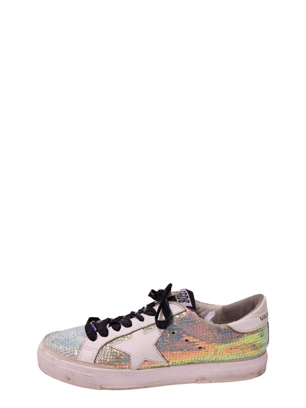 Authentic Golden Goose Superstar white leather sneakers with iridescent metallic panels, signature star detail, black laces, and distressed rubber sole.