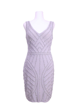 Aqua lavender sleeveless cocktail dress featuring intricate silver bead embellishments, V-neckline, and fitted mini silhouette