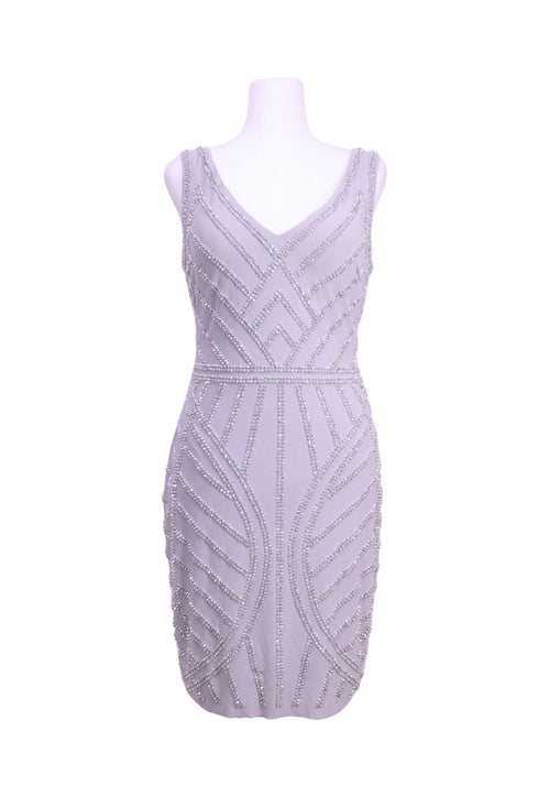 Aqua lavender sleeveless cocktail dress featuring intricate silver bead embellishments, V-neckline, and fitted mini silhouette