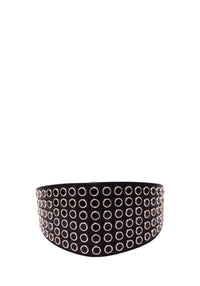 Gucci black wide leather waist belt with multiple rows of gold-tone circular grommets and adjustable fastening
