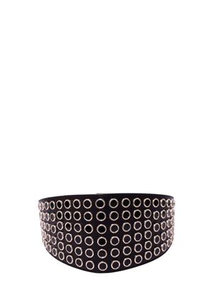 Gucci black wide leather waist belt with multiple rows of gold-tone circular grommets and adjustable fastening