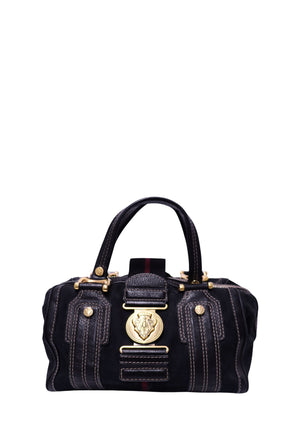 Gucci black mini Boston handbag with leather trim, gold-tone crest medallion, double rolled handles and decorative contrast stitching