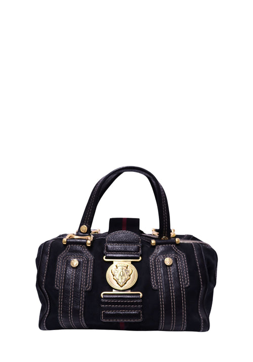 Gucci black mini Boston handbag with leather trim, gold-tone crest medallion, double rolled handles and decorative contrast stitching