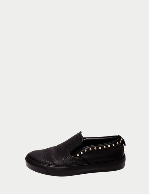 Gucci Black Leather Studded Slip-On Shoes with embossed GG logo and gold studs