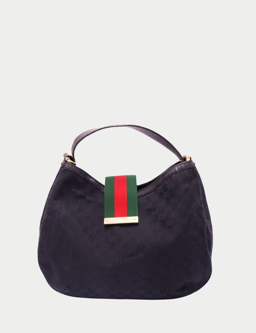 Gucci black monogram hobo bag featuring the signature green and red web stripe and single leather shoulder strap