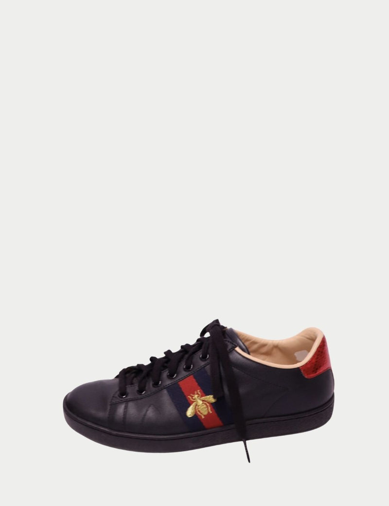 Gucci Ace black leather sneaker with red and navy Web stripe and gold bee embroidery