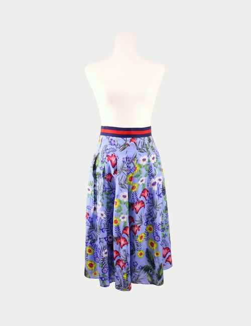 Gucci blue floral print midi skirt with red and navy web elastic waistband