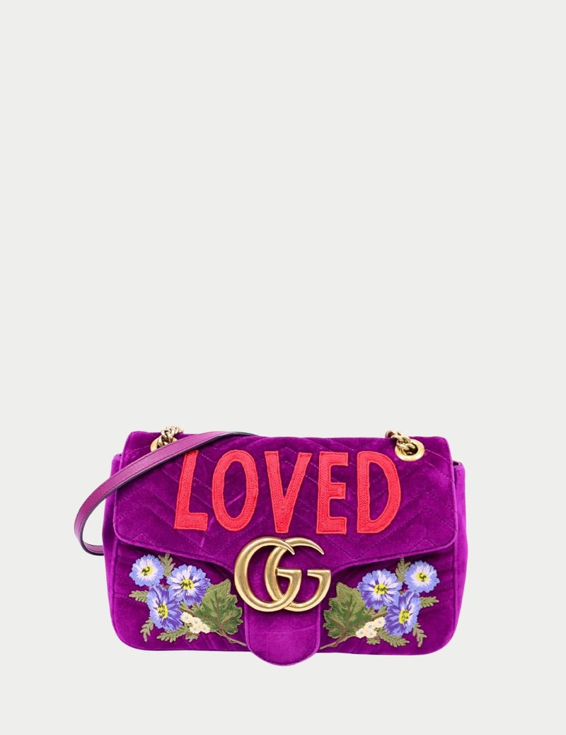 Gucci GG Marmont purple velvet shoulder bag with Loved embroidery