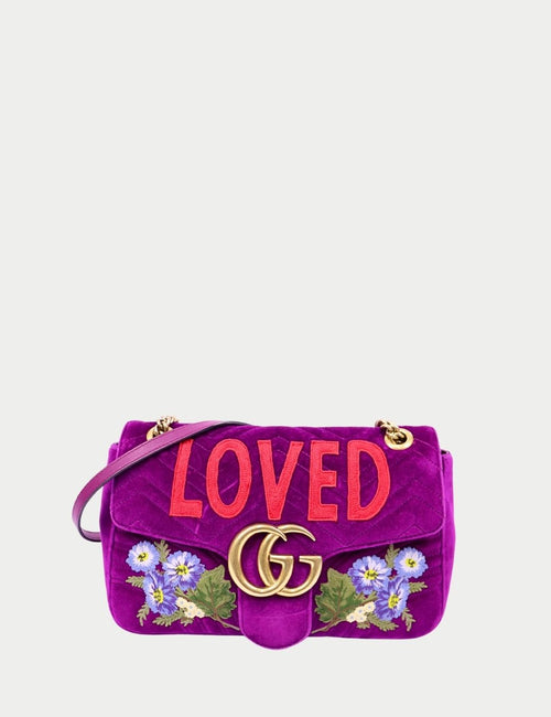 Gucci GG Marmont purple velvet shoulder bag with Loved embroidery