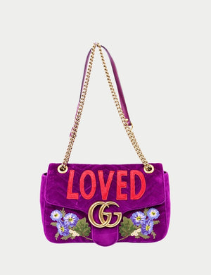 Gucci GG Marmont purple velvet shoulder bag with Loved embroidery