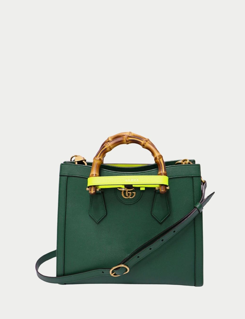 Gucci Diana green leather tote with bamboo handles and neon belt strap