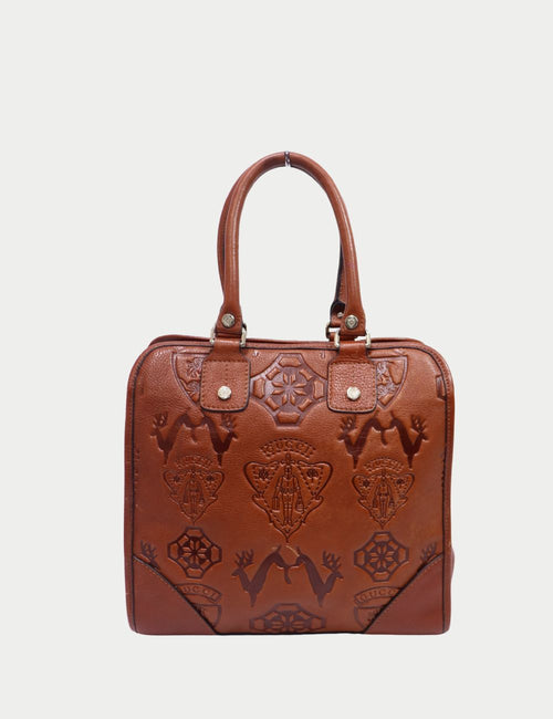 Gucci brown embossed leather tote bag with structured silhouette and dual top handles
