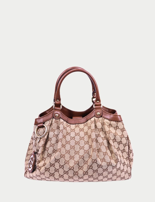 Gucci Sukey GG canvas tote bag beige brown leather trim
