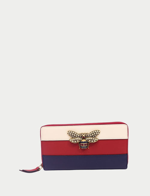 Gucci Sylvie Tricolor Leather Wallet in Red, White, and Blue with Crystal-Encrusted Bee Motif