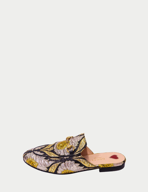 Gucci silver and gold floral brocade mule loafers with signature horsebit detail