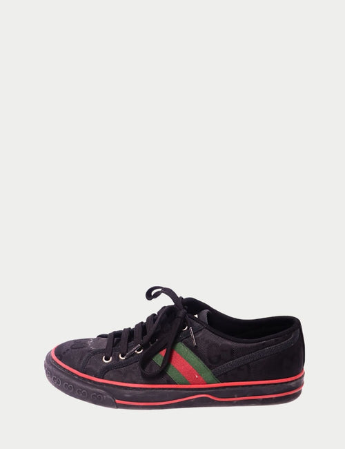 Gucci monogram black sneakers with red and green web stripes