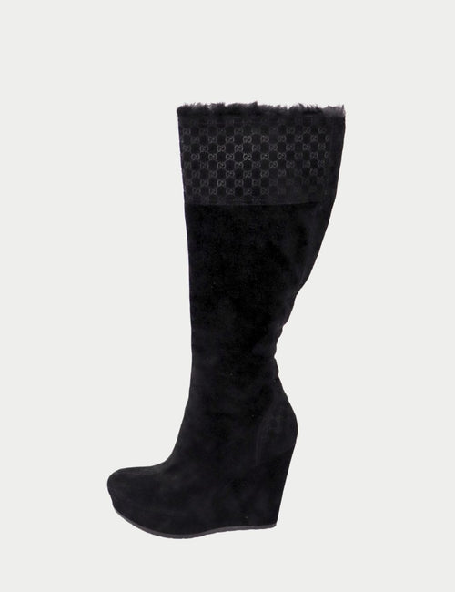 Gucci black suede knee-high wedge boots with GG monogram trim and fur top