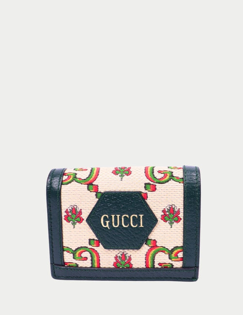 Gucci floral print leather wallet with green trim and logo plaque